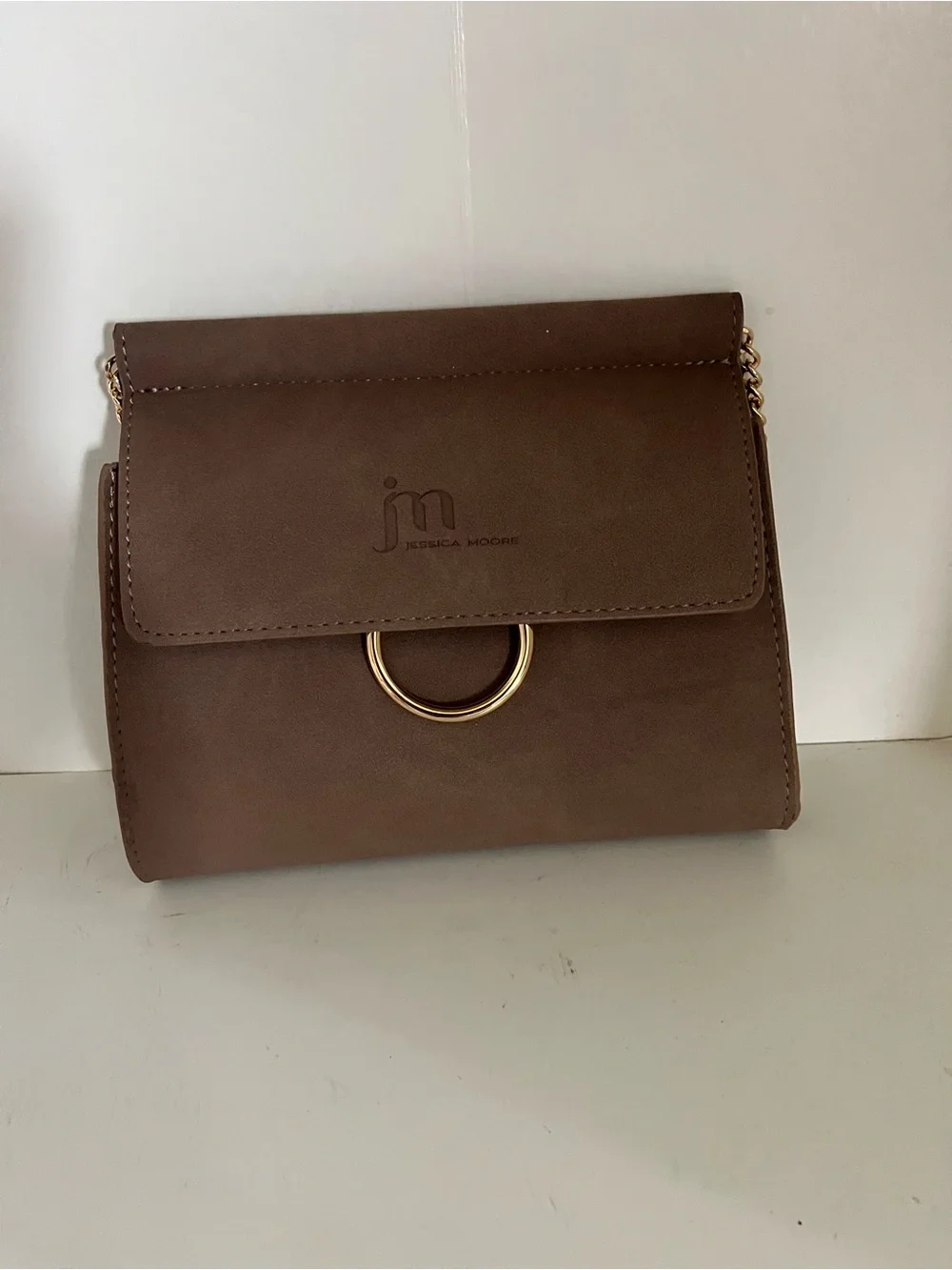 Jessica Moore Brown suede Crossbody with Gold Ring Accent